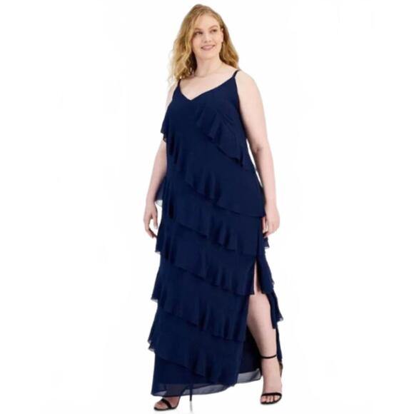 B. Darlin Women's V-Neck Sleeveless Ruffle-Trim Gown Navy Plus Size 24W NWT - Picture 1 of 7